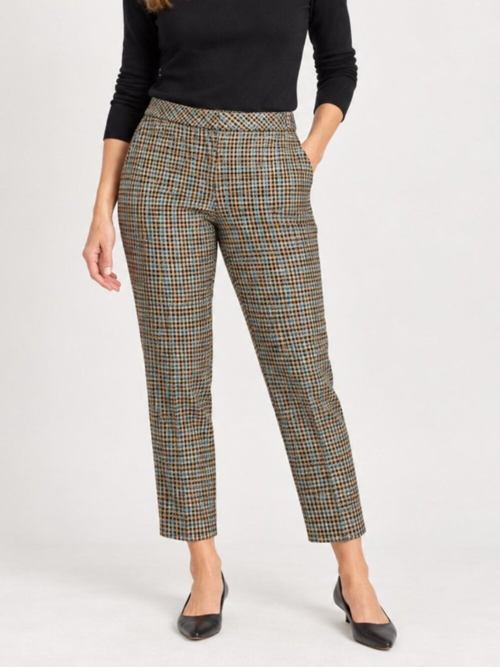 J Jill Womens Bi Stretch Dress Pant Multicolor Check Ankle Flat Front Size 10